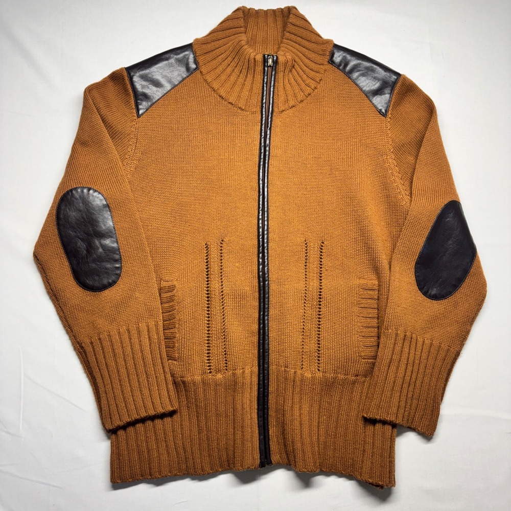 Terry Lewis Classic Luxuries Brown Full Zip Sweater Leather Patches Mens L